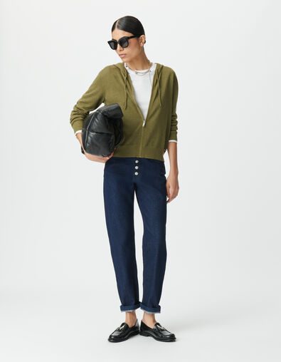 Khaki Damenstrickjacke Kapuze Lurex Fischgr&auml;ten hinten - IKKS