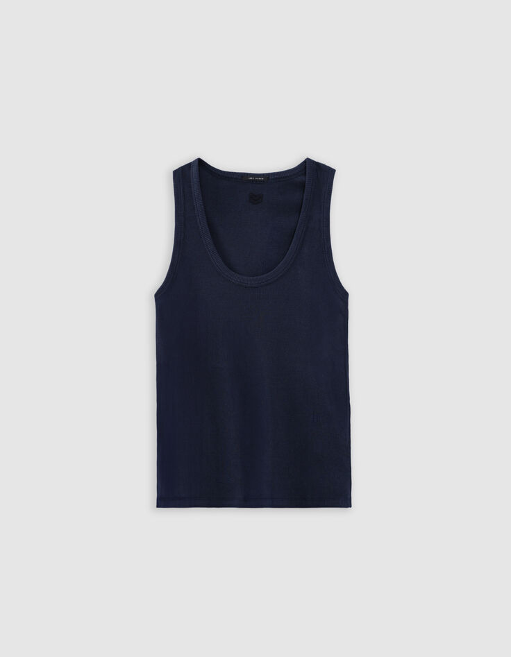Marineblaues Damen-Tank-Top aus Rippstrick mit gesticktem Fischgr&auml;tenr&uuml;cken-5