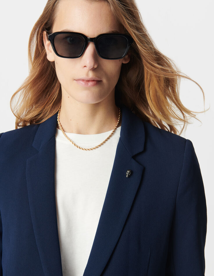 Damen 3/4 R&uuml;schen&auml;rmel navy Anzugjacke-5