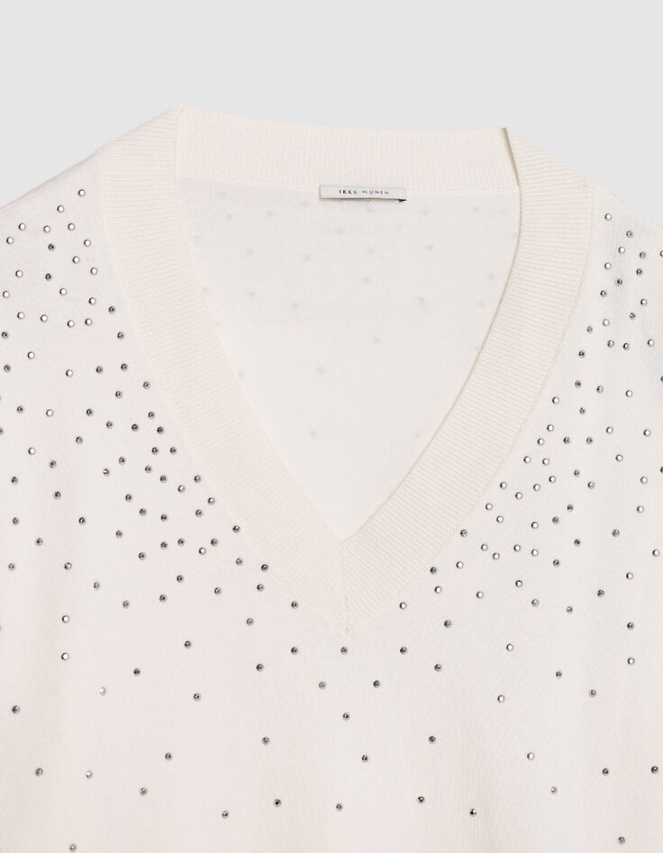 Wei&szlig;er Damen Strickpullover mit V-Ausschnitt und Nieten-6