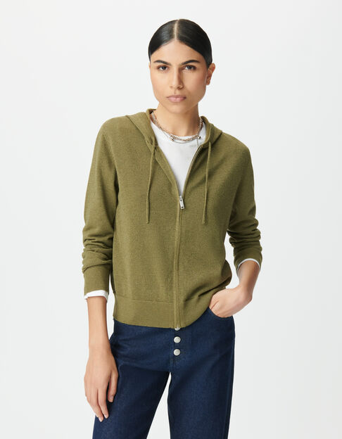 Khaki Damenstrickjacke Kapuze Lurex Fischgr&auml;ten hinten - IKKS