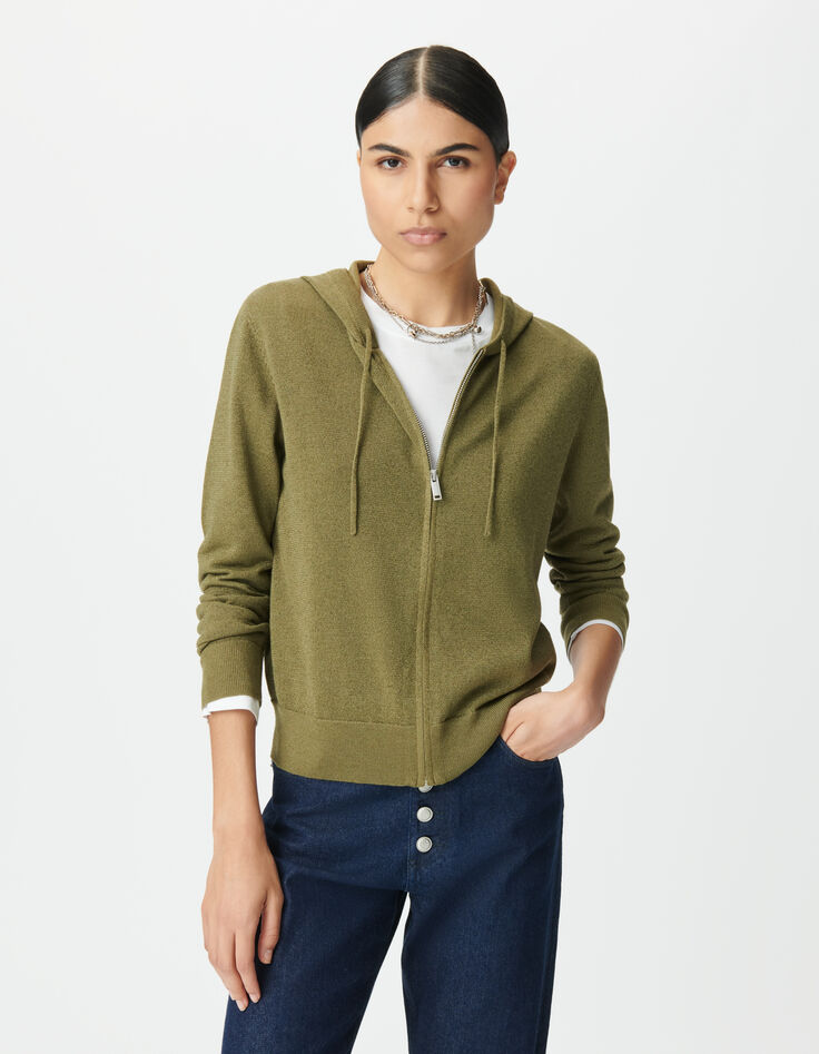 Khaki Damenstrickjacke Kapuze Lurex Fischgr&auml;ten hinten-2