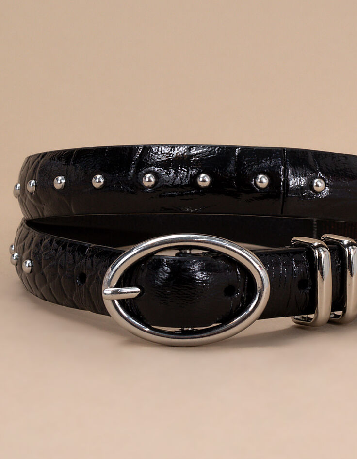 Fijne zwarte riem leer met croco-effect en studs I.Code-2