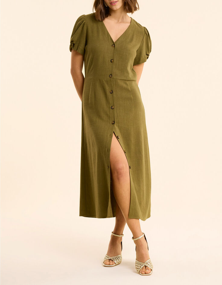 Robe midi kaki boutonn&eacute;e lin m&eacute;lang&eacute; I.Code-2
