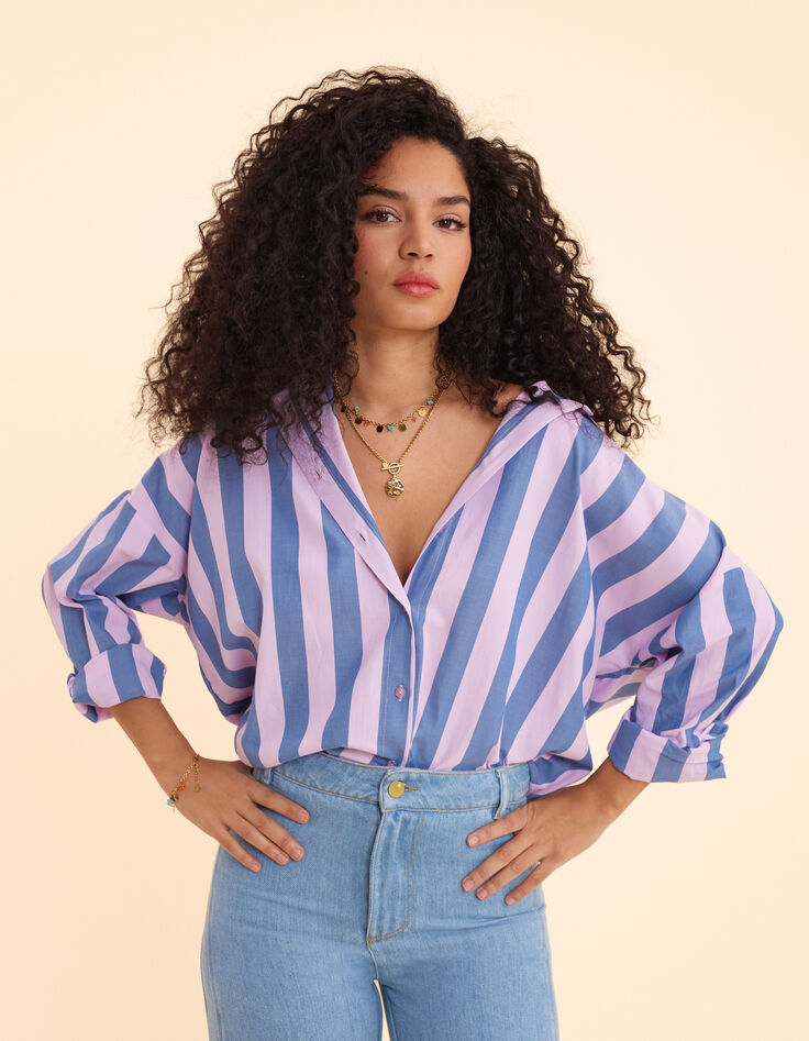 Chemise bleue motif rayures parme I.Code-3