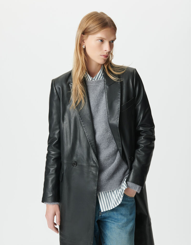 Schwarzer, langer Oversize-Damenledermantel-5