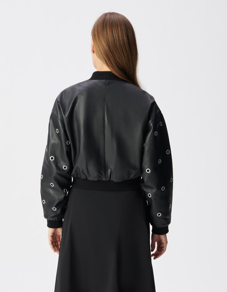 Schwarzer Lederbomber Damen maxi &Ouml;sen-Design-4