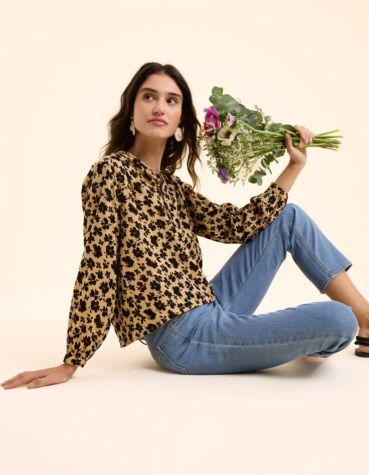 Beige blouse bloemen-luipaardprint I.Code-3