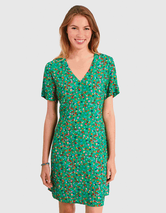 Wiesengrünes Kleid mit Blumen-Fleckenprint I.Code