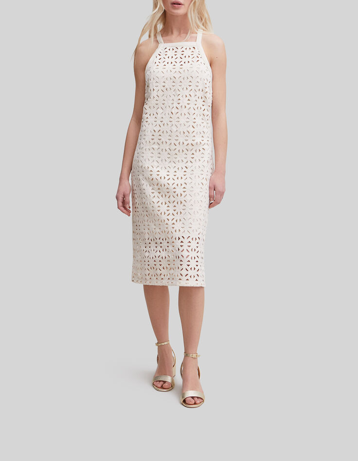 Cremewei&szlig;es Midi-Damenkleid mit grafischem Makrameemuster-1