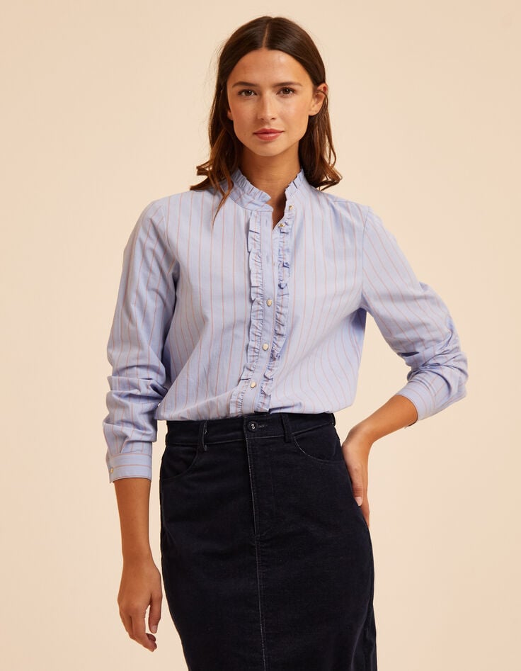 I.Code blue striped blouse with ruff collar and front-3