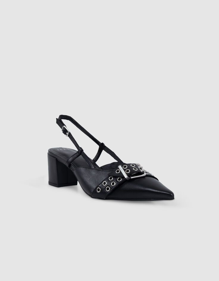 Damen schwarz Leder &Ouml;se Slingback Pumps-2