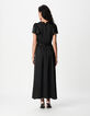 Schwarzes Maxikleid f&uuml;r Damen aus Satin mit Details aus geknitterter Spitze-3