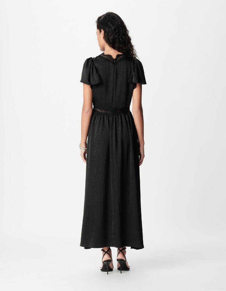 Schwarzes Maxikleid f&uuml;r Damen aus Satin mit Details aus geknitterter Spitze-3