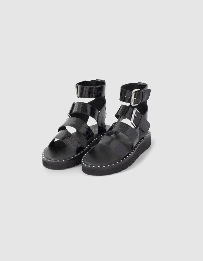 I.Code black crocodile embossed patent leather sandals - I.CODE