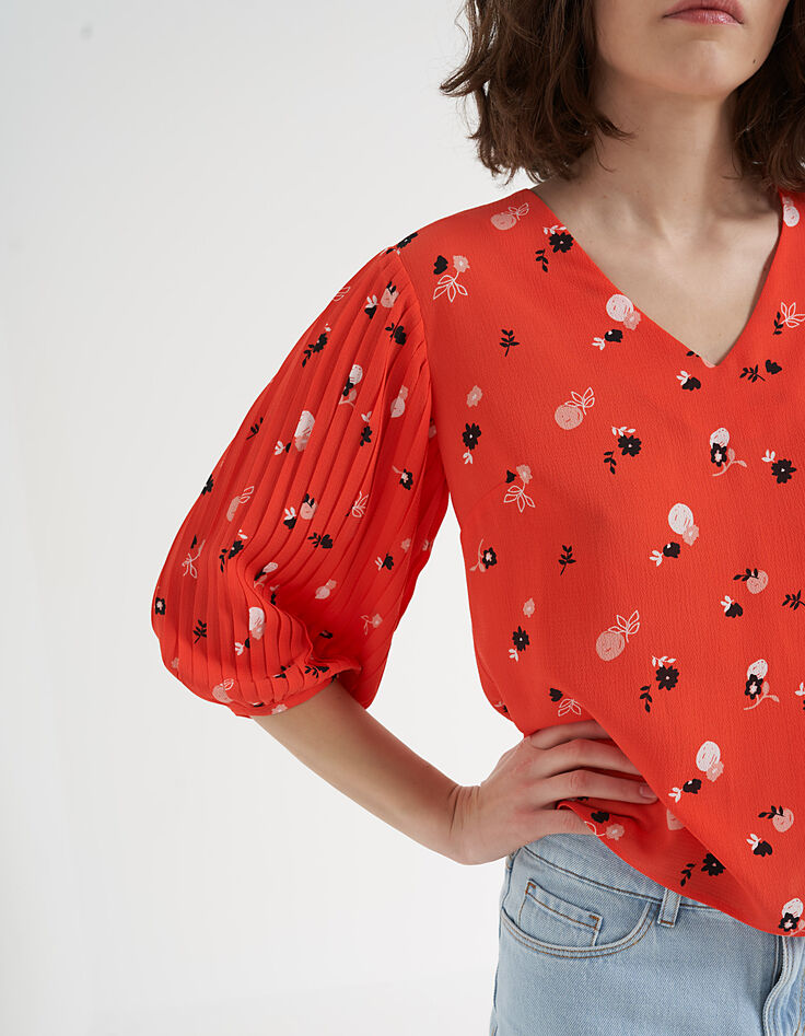 Top spicy naranja flores manga plisada I.Code-4