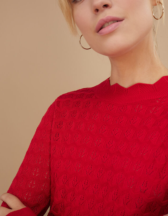 I.Code garnet red openwork fine knit high neck sweater - I.CODE