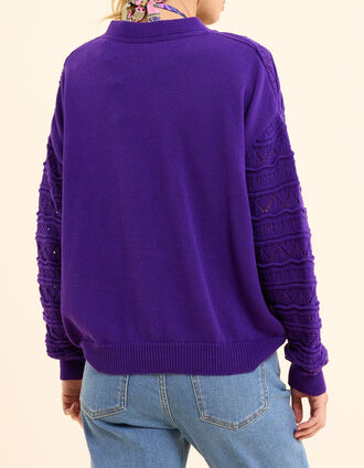 Cardigan violet tricot ajour&eacute; fantaisie I.Code