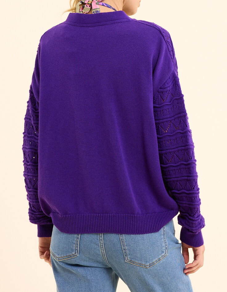 Cardigan violet tricot ajour&eacute; fantaisie I.Code-3