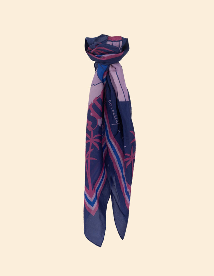 Vierkante camelkleurige sjaal met blad- en bananenprint en I.Code-bericht-4
