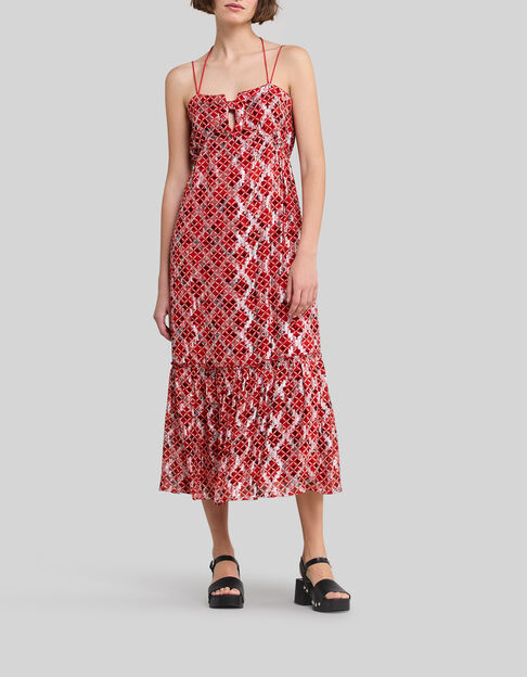 Langes, mohnrotes Damenkleid mit Karos - IKKS