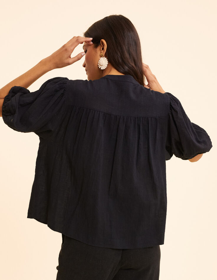 Schwarze Bluse, Puffärmel, bestickte Frontblende I.Code-3