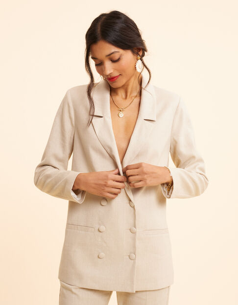 Chaqueta de traje con estampado de rayas de lúrex en color crudo I.Code