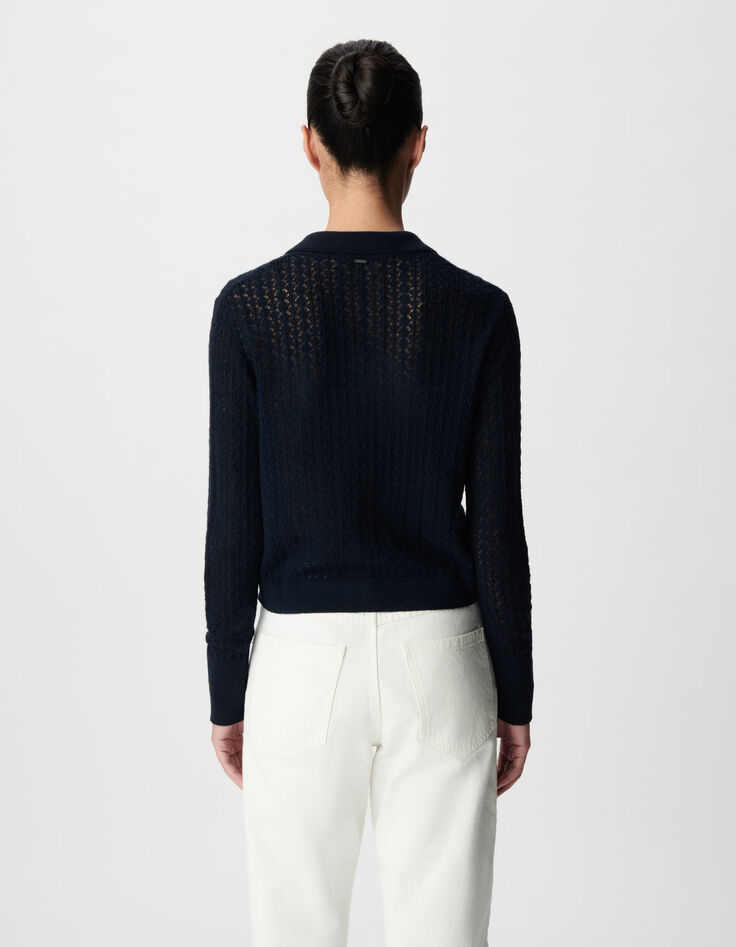 Marineblaue durchbrochene kurze STRICKJACKE f&uuml;r Damen-3