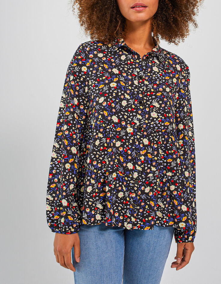 I.Code black shirt with colour floral leopard print-1