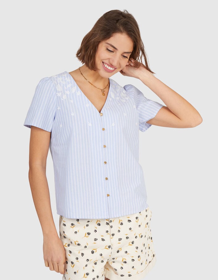 I.Code sky blue striped top with embroidered dickey - I.CODE