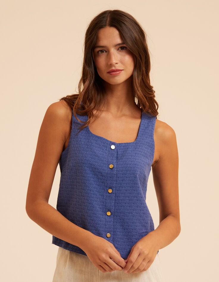 Top bleu jacquard fantaisie boutonné I.Code-1 Top bleu jacquard fantaisie boutonné I.Code-1