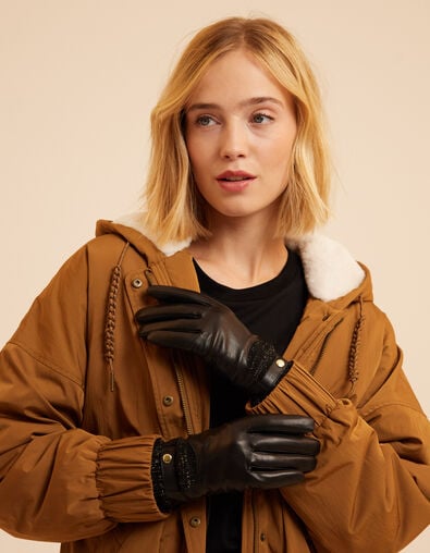 I.Code black leather and lurex knit gloves