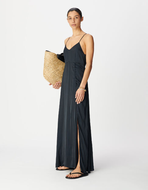 Marineblaues langes Kleid f&uuml;r Damen mit d&uuml;nnen Riemen und Knopfleiste - IKKS