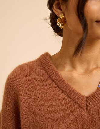 I.Code camel knit V-neck sweater Marine