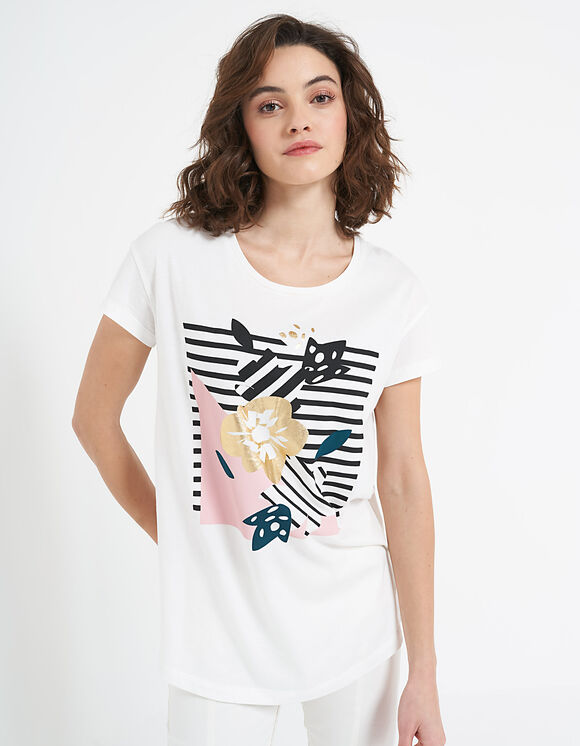 Cremeweißes T-Shirt mit Blumen-Streifen-Motiv I.Code