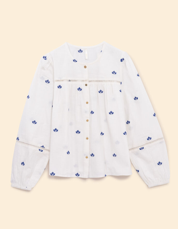 I.Code ecru blouse with blue flower embroidery-8