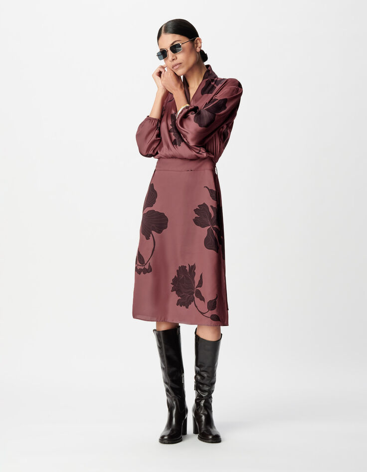 Burgunderfarbenes gebl&uuml;mtes Maxi-Midikleid f&uuml;r Damen-3