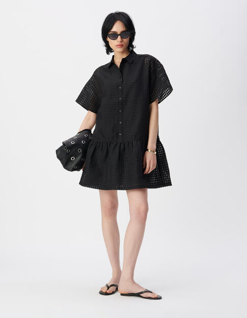 Schwarzes Kleid mit durchbrochenem Karomuster Damen - IKKS