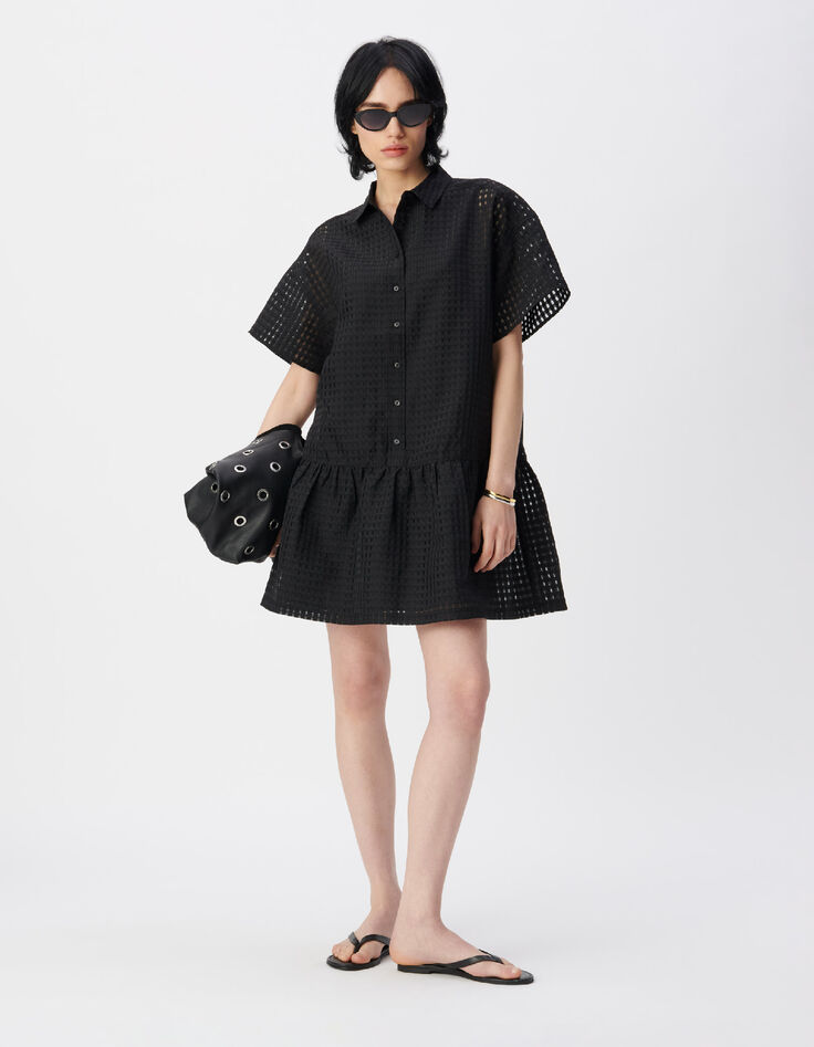 Schwarzes Kleid mit durchbrochenem Karomuster Damen-1