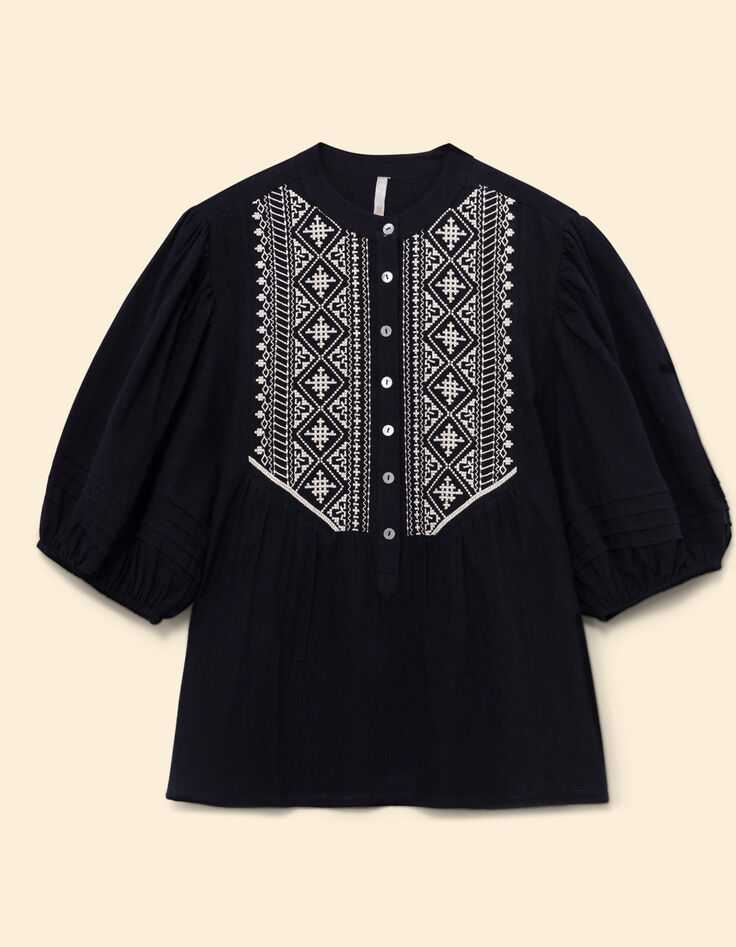 Schwarze Bluse, Puffärmel, bestickte Frontblende I.Code-6