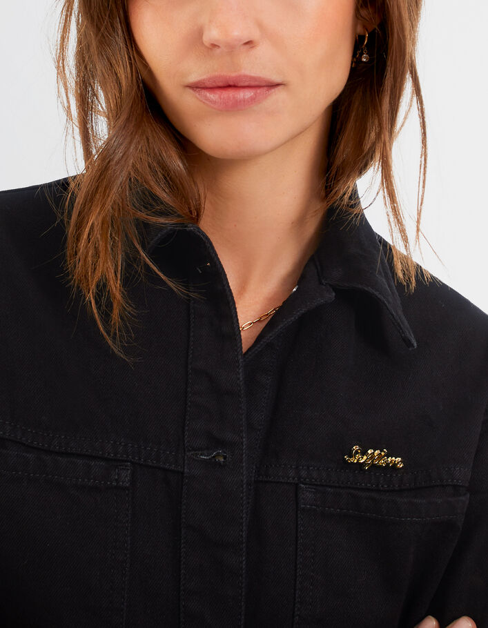 I.Code black denim jacket with gold-tone pin-badge - I.CODE