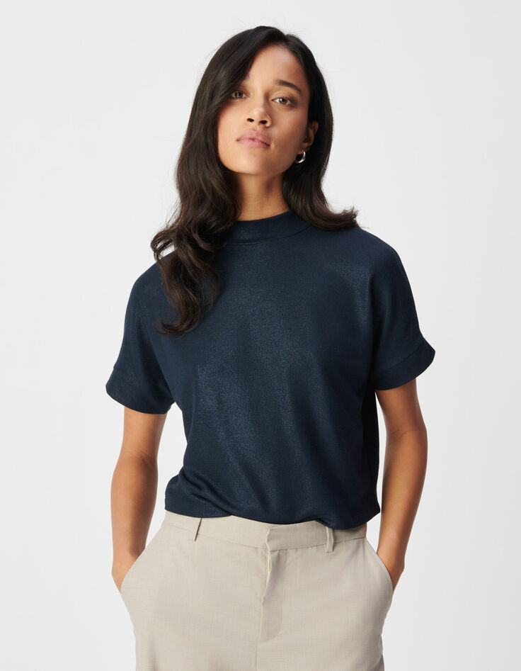 Kurzarm-T-Shirt f&uuml;r Damen mit Pailletten in Marineblau-3