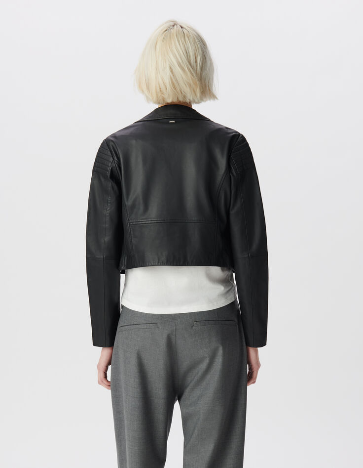 Blouson court noir cuir &eacute;paules matelass&eacute;es Femme-3
