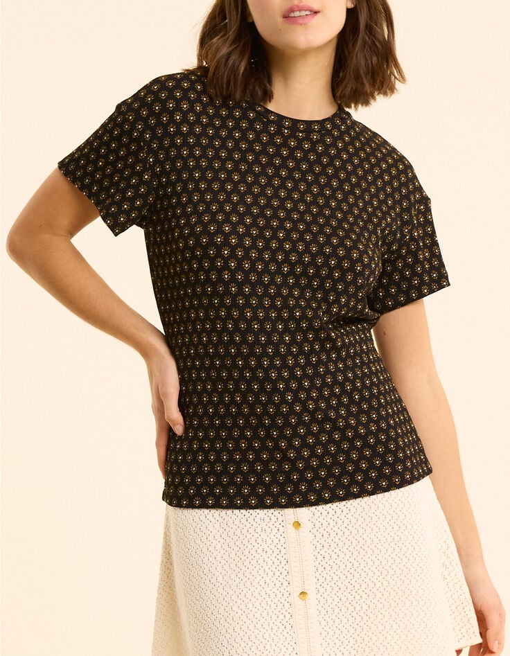 T-shirt noir imprim&eacute; floral coeur I.Code-2