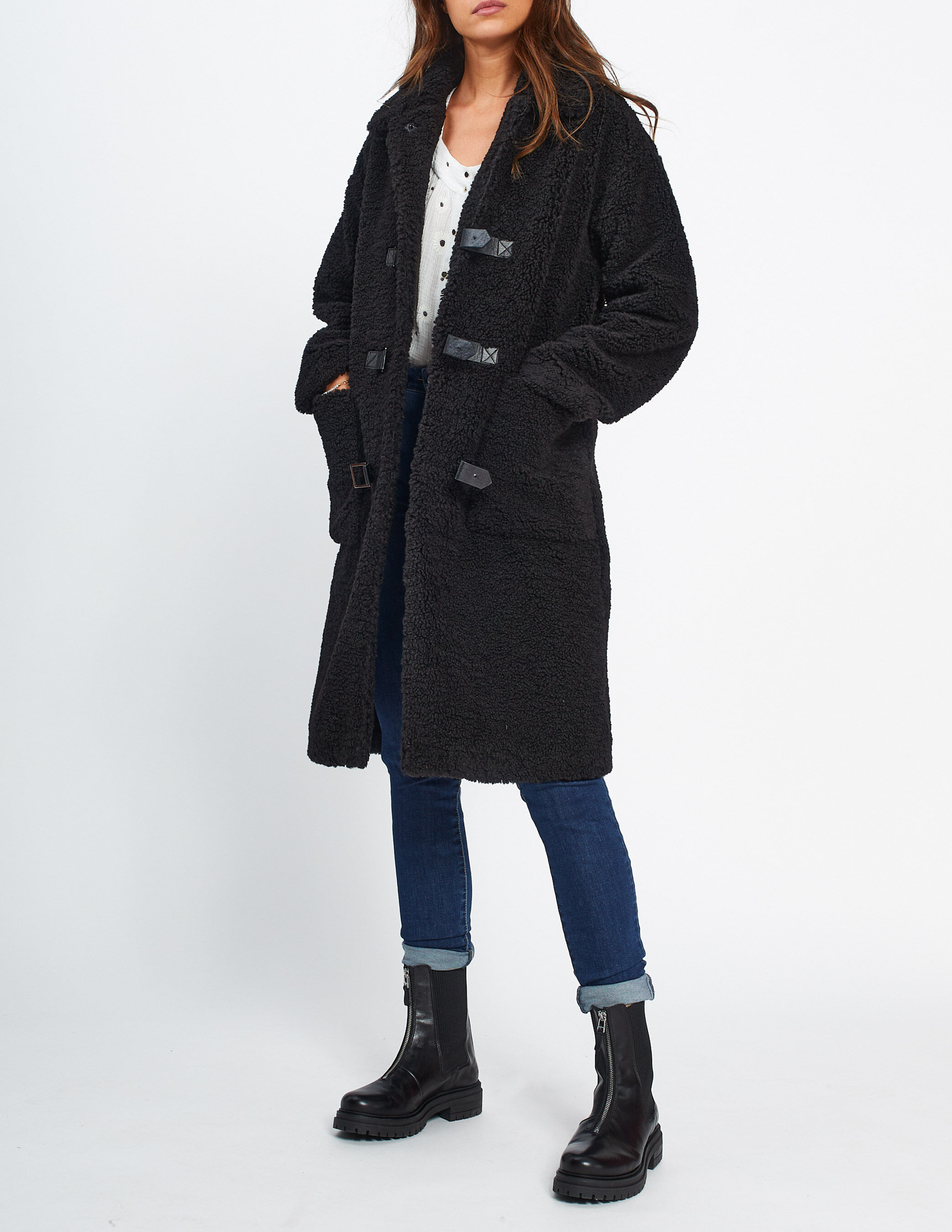 I.Code black Sherpa long coat with toggles
