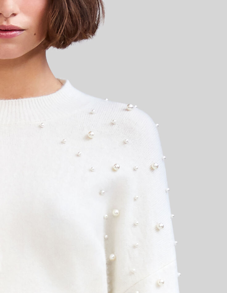 Cremewei&szlig;er Damenstrickpullover mit Perlmuttperlenbesatz-4
