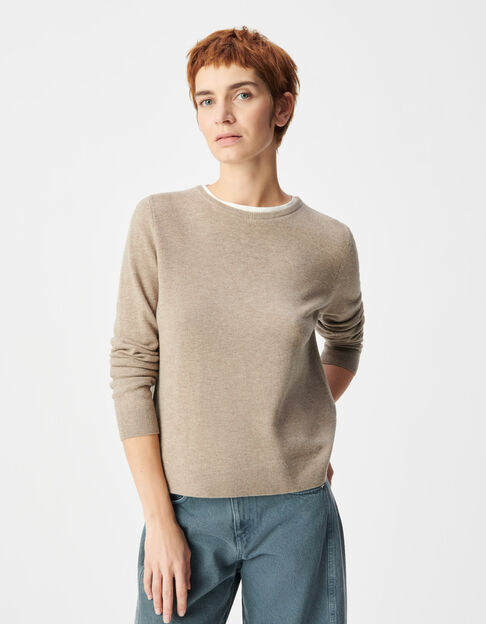 Beigefarbener Wollstrickpullover f&uuml;r Damen mit Trompe-l'oeil-Kragen - IKKS