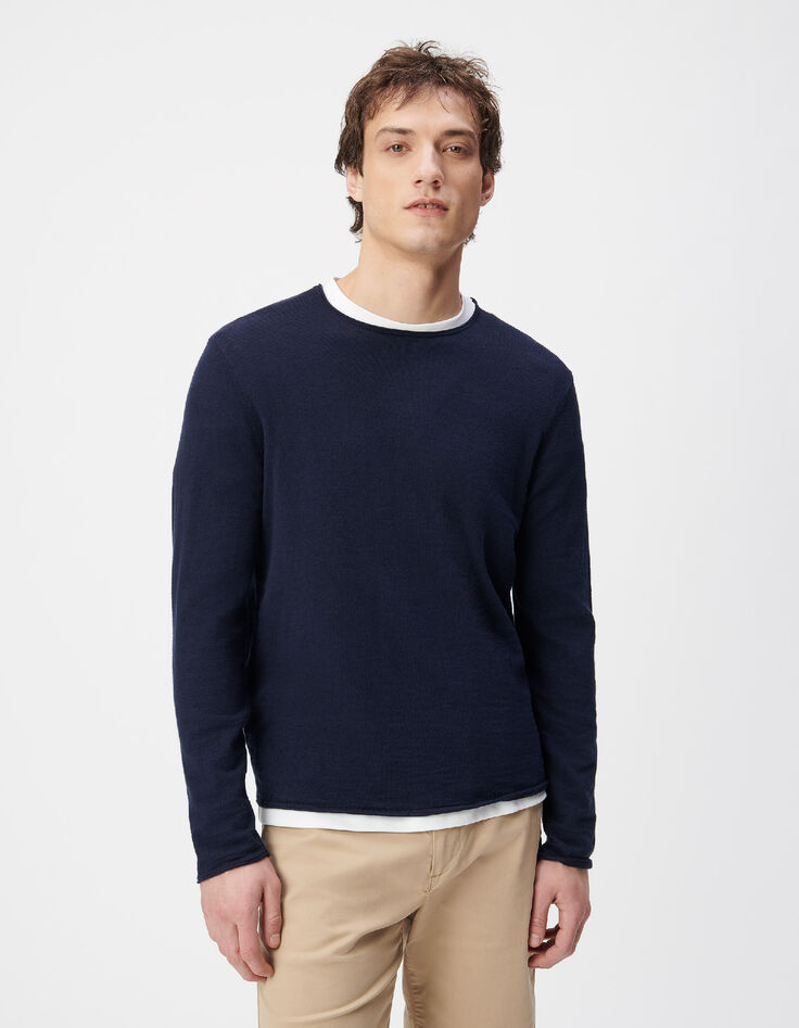 Marineblauer Feinstrick-Pullover f&uuml;r Herren mit Rollkanten-4