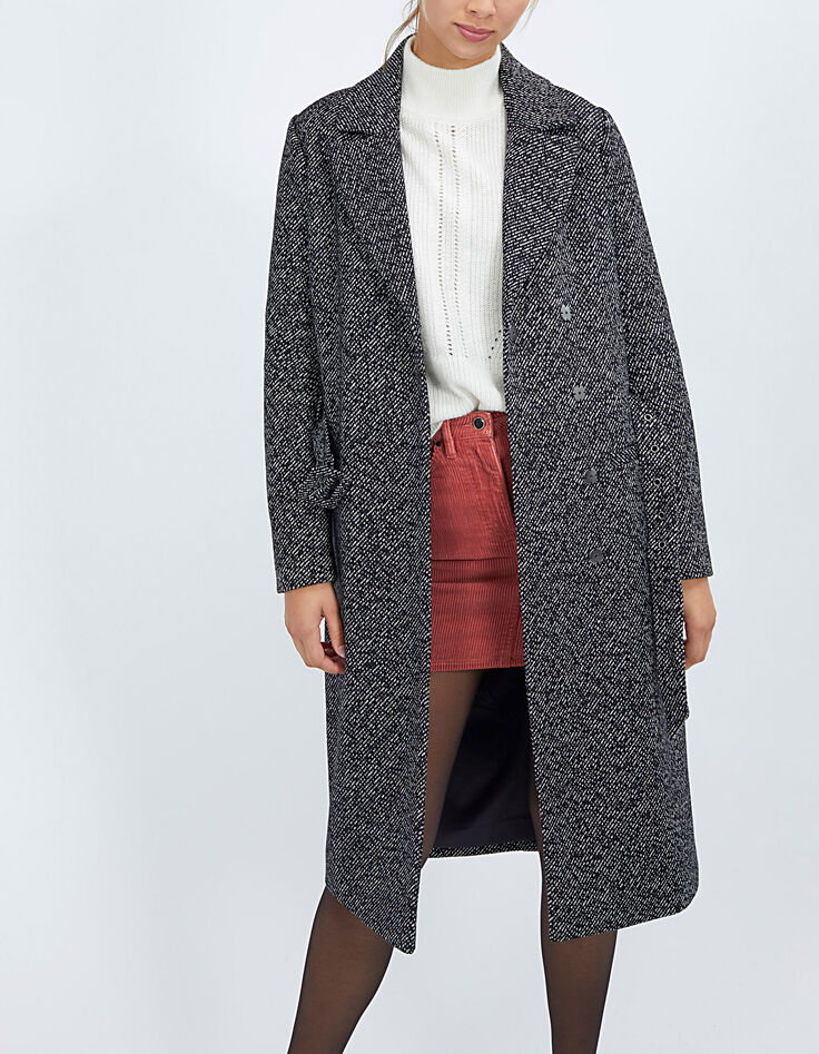 Manteau noir long et chiné avec ceinture I.Code-1