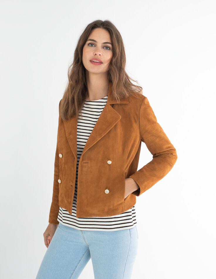 Veste caban court camel en cuir velours I.Code-7
